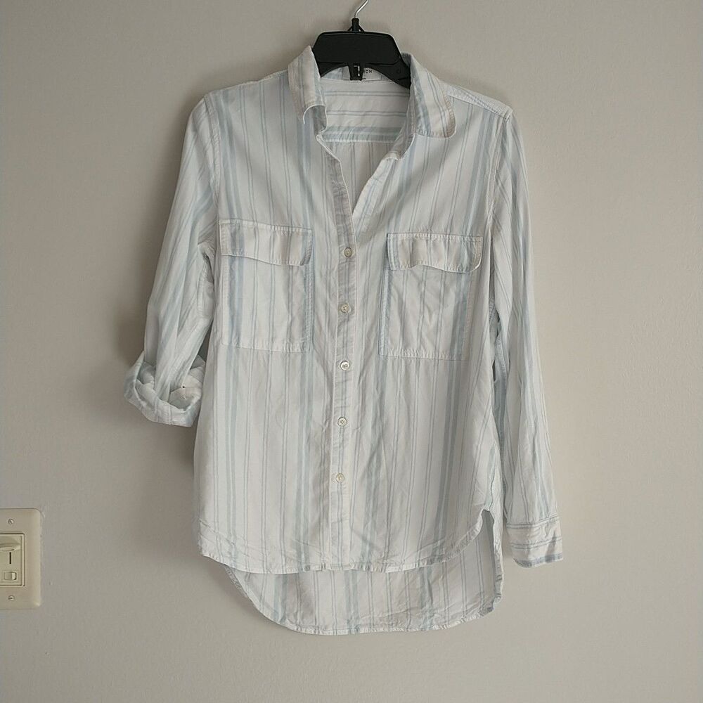 Aritzia Babaton Utility Shirt Womens S White Blue Striped Buttons RollTab Sleeve